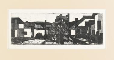 Tóth Imre (1929-2004): Konstruktív utca (olvashatatlan címmel). Rézkarc, papír. Jelzett. Paszpartuba...