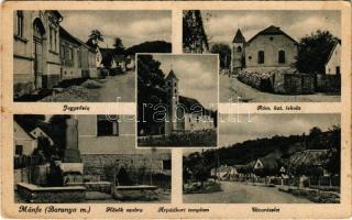 1943 Mánfa, Jegyzőség, Római katolikus iskola, Hősök szobra, emlékmű, Árpád-ház korabeli templom, utca részlet. Nemesi S. fényképész kiadása (fa)