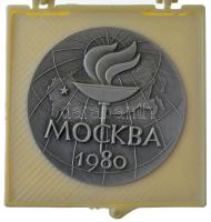 Szovjetunió 1980. "Moszkvai Olimpia" kétoldalas ezüstpatinázott bronz emlékérem eredeti tokban (60mm) T:1 Soviet Union 1980. "Olympics in Moscow" two sided bronze commemorative medallion in original case (60mm) C:UNC