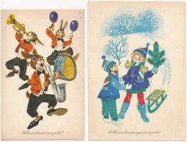 30 db MODERN magyar retro grafikai üdvözlő képeslap vegyes minőségben / 30 modern Hungarian retro graphic greeting postcards in mixed quality