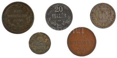 1780. 1kr Cu "Mária Terézia" + 1851. 1kr + 1916. 20f + 1942. 10f + 1943. 2f T:2-3 közte pa...