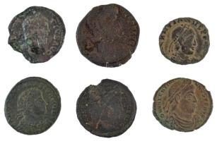 Római Birodalom 6db-os érmetétel a III-IV. századból vegyes állapotban, egyik ezüst T:2--3- patina, anyaghiány Roman Empire 6pcs coin lot from the 3rd-4th century, include a silver one C:VF-VG patina, metal error