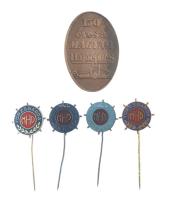 1985. 4xklf "Magyar Hajó- és Darugyár törzsgárda" festett, műgyantás és zománcos jelvény (20mm) + DN "150 éves a Magyar Hajóépítés" bronz jelvény (44x31mm) T:1-,2 patina