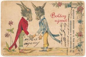 1899 (Vorläufer) Boldog újévet! Szamár üdvözlet / New Year greeting with donkeys (gyűrődések / creases)