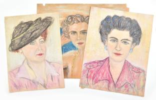 3 db rajz, egyik Révész jelzéssel, többi jelzés nélkül: Női portré. Pasztell, papír, jelzett. Részben sérült. 42,5x30,5 és 42x52 cm közötti méretekben.