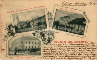 1899 (Vorläufer) Máramarossziget, Sighetu Marmatiei; Református lyceum, Római katolikus templom és gimnázium, Állami felsőbb leányiskola, Mária Valéria nőnevelde. Kaufman Ábrahám kiadása / girl schools. Art Nouveau, floral (EK)