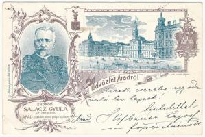 1898 (Vorläufer) Arad, Városház tér, Endrődi Salacz Gyula királyi tanácsos és Arad szab. kir. város polgármestere. Lengyel Lipót kiadása / town hall square, mayor, coat of arms. Art Nouveau, floral (EK)