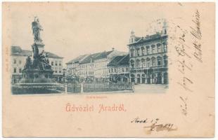 1899 (Vorläufer) Arad, Szabadság tér, Vértanú szobor, Hubert és Farber Lajos üzlete. Bloch H. kiadása / square, statue, shops (fl)