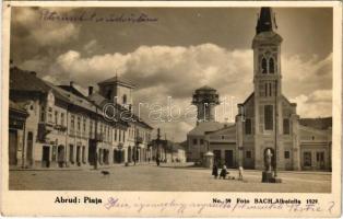 1930 Abrudbánya, Abrud; Piata / tér, templom, üzletek / square, church, shops. Foto Bach No. 59. (Rb)