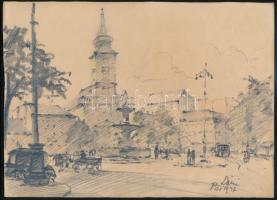 Pór Bertalan (1880-1964): Budapest, Kálvin tér, Danubius-kút, 1937. Ceruza, papír, jelzett, lapszéli apró sérülésekkel, 21×29 cm