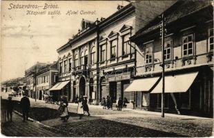 1918 Szászváros, Broos, Orastie; Központi szálloda, M. kir. dohány nagytőzsde, üzletek / Hotel Central, shops (EK)