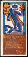 Kunt Ernő (1920-1994): Guadalupe, 1979. Linómetszet, papír, jelzett a metszeten. Lapszéli apró szakadásokkal, kissé foltos, hajtásnyommal. 39,5x17 cm