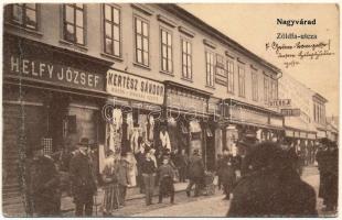 1906 Nagyvárad, Oradea; Zöldfa utca, Helfy József, Kertész Sándor, Helyfi László, Ács L. Társa, Stern, Réti, Weisz üzlete / street view with shops (fa)