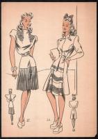 cca 1943 5 db színes art deco divatillusztráció, ofszetnyomat, papír, részben kissé sérült, 31,5x15,...