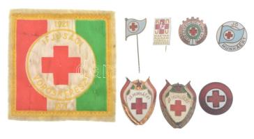 ~1950-1970. "Egészségvédelemre kész" zománcozott Cu jelvény (19mm) + "Véradásra kész" zománcozott Cu jelvény (22mm) + "Jó munkáért" zománcozott tombak ifjúsági jelvény (20mm) + 2xklf "Jó munkáért" zománcozott és festett jelvény (30x24mm) + az Ifjúsági Vöröskereszt zománcozott jelvénye (16x15mm) + 1971. "50 - Magyar Ifjúsági Vöröskereszt" festett Al jelvény (18x12mm) + 1971. "Ifjúsági Vöröskereszt 1921-1971" nyomott műselyem jelvény filc alapon (72x75mm) T:1-2 korrózió, tűlyuk