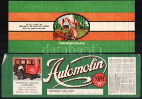 cca 1925-40 Reinhold és Boecking Győri Lakkgyár reklám, ofszet, papír, apró szakadásokkal, 13x31 cm és Reinhold, Flügger & Boecking Automolin lakk, reklám, ofszet, papír, szakadásokkal, 13x34,5 cm