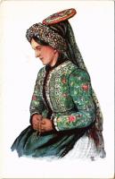 Matyó menyecske (Szentistván) Magyar folklór / Hungarian folklore art postcard, Matyó woman s: Csikós Tóth András (EK)