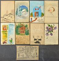 61 db RÉGI kézzel rajzolt érdekes és különleges motívum képeslap vegyes minőségben: sok szignós / 61...