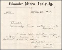 1912 Ipolyság, Himmler Miksa fejléces levélpapírjára írt levél, aláírásával