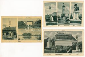 3 db RÉGI magyar város képeslap országzászlóval és hősök szobrával: Balassagyarmat, Bicske, Tolna
