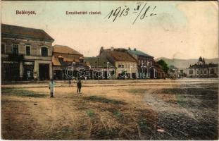 1913 Belényes, Beius; Erzsébet tér, Bogdan D. J., Drinco M., Kohn Salamon üzlete / street view, square, shops (fl)