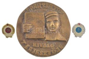 ~1970. "Politikai irodalom terjesztő 5 év" ezüstözött műgyantás törzsgárda jelvény (23x20mm) + "Politikai irodalom terjesztő 10 év" aranyozott műgyantás törzsgárda jelvény (23x20mm) + "A Pártsajtó Kiváló Terjesztője" egyoldalas öntött bronz emlékérem dobozban. Szign.:"PJ" (82mm) T:1- sérült tok