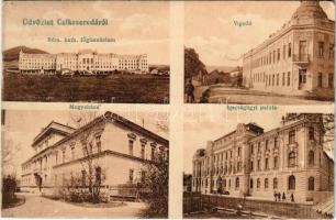 1917 Csíkszereda, Miercurea Ciuc; Római katolikus főgimnázium, Vigadó, Megyeháza, Igazságügyi palota. Szvoboda Miklós kiadása / Catholic grammar school, restaurant, county hall, Palace of Justice (EK)