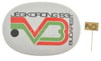 1983. "Jégkorong '83 Budapest" Hollóházi porcelán emlékplakett (120x80mm) + hozzá tartozó műgyantás kitűző (20x12mm) papírdobozban T:1-