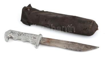 Puma kés, fém nyéllel, penge kissé rozsdafoltos, bőr tokban, h: 23 cm