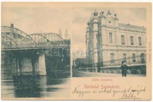 1900 Szatmárnémeti, Szatmár, Satu Mare; zsidó templom, zsinagóga, vashíd / synagogue, bridge (vágott / cut)