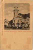 Kolozsvár, Cluj; Minoriták (szépek) temploma, Havas Ármin, Czetz Péter üzlete. Dunky Fivérek cs. és kir. udvari fényképészek / church, shops (lyuk / pinhole)