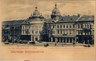 Kolozsvár, Cluj; Erd. római katolikus státus palotái a főtéren, Reményik L. és Fiai, Fogel Antal üzlete, piac. Dunky Fivérek cs. és kir. udvari fényképészek / Catholic palaces, shops, market (ragasztónyom / glue marks)