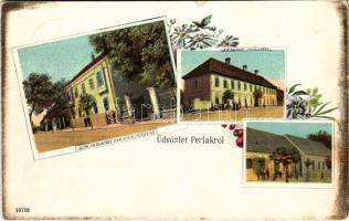 1907 Perlak, Prelog; Alsó-Muraközi Takarékpénztár, Muraköz szálloda, Sosterics Pál üzlete / savings bank, hotel, shop. Art Nouveau, floral (kopott sarkak / worn corners)