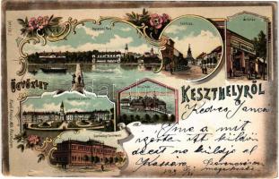 1899 (Vorläufer) Keszthely, Balatoni Park, Fő utca, Festetics kastély, fürdőház, Gazdasági Tanintézet, Kovács Mór üzlete és saját kiadása. Art Nouveau, floral, litho (fa)