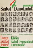 1990 SZDSZ országgyűlési választási plakát a budapesti képviselőjelöltek arcképeivel, feltekerve, 57x40 cm