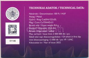 2022. 100Ft "Magyar Pénzmúzeum és Látogatóközpont" első napi veret sorszámozott emléklapon...