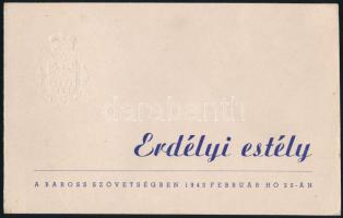 1943 meghívó Erdélyi estélyre, a budapesti Baross Szövetségbe, dombornyomott erdélyi címerrel, 12x19 cm