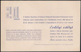 1943 meghívó Erdélyi estélyre, a budapesti Baross Szövetségbe, dombornyomott erdélyi címerrel, 12x19...