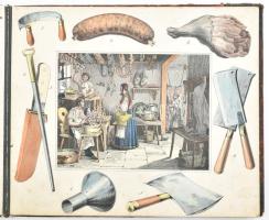 cca 1860 Különböző mesterségek használati eszközeit bemutató képeskönyv 16 oldalon, színezett metsze...