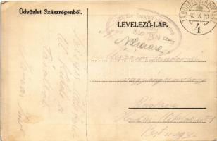 1940 Szászrégen, Reghin; Üdvözlet a felszabadult Szászrégenből! Fő tér, autóbusz, automobilok, tömeg...