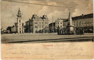 1900 Temesvár, Timisoara; Kossuth tér, emlékmű, templom, Brüder Kohn, Spira, Weber üzlete, Korona szálloda / square, shops, hotel, church (EK)