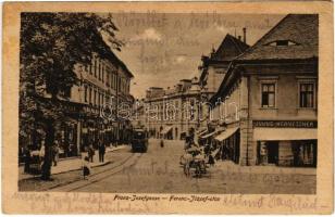 1921 Nagyszeben, Hermannstadt, Sibiu; Ferenc József utca, Julius Wermescher üzlete, villamos, Római császár szálloda / street, shop, tram, hotel (EK)