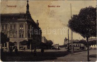 1909 Temesvár, Timisoara; Bonnácz utca, Józsefvárosi takarékpénztár, villamos, vasútállomás. W.L. 124. / street view, savings bank, tram, railway station (fl)