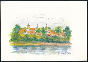 Stefan Grecu (?-?): Szentendre, Dunapart. Akvarell, tus, papír, jelzett, 17,5x25 cm