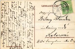 Egeres, Aghiresu; Posta, gyógyszertár, utca, Csausz Izsák üzlete és saját kiadása / post office, str...