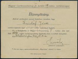 1929 Magyar Cserkészszövetség IX. kerület 139. sz. cserkészcsapat által kiállított bizonyítvány I. oszt. próba teljesítéséről