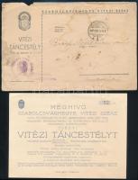 1939 Nyíregyháza, Szabolcsvármegye Vitézi Széke meghívója a Korona szállóban rendezett tiszti vitézi táncestélyre; sorszámozott, kis lapszéli szakadással, eredeti, viseltes borítékban