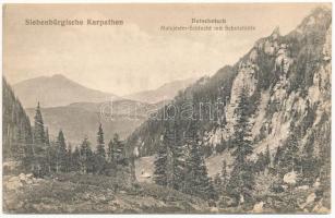 Bucsecs-hegység, Butschetsch, Muntii Bucegi; Malajester-Schlucht mit Schutzhütte. Siebenbürgische Karpathen / szurdok, menedékház / gorge, tourist house, chalet (EK)