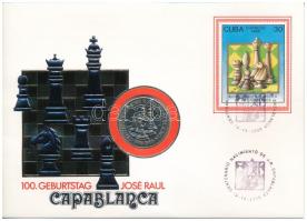 Kuba 1988. 1P Cu-Ni José Raúl Capablanca születésének 100. évfordulója emlékére érme, érmés borítékban, bélyeggel, bélyegzéssel, német nyelvű tájékoztatóval T:BU patina Cuba 1988. 1P Cu-Ni 100th anniversary of the born of José Raúl Capablanca coin in envelope with stamp and cancellation, with german language information sheet C:BU patina