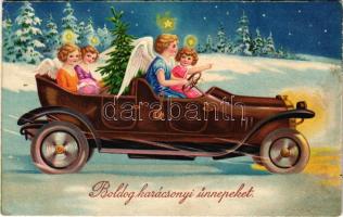 1936 Boldog karácsonyi ünnepeket! Angyalok autóban / Christmas greeting, angels in automobile. Amag 2611. litho